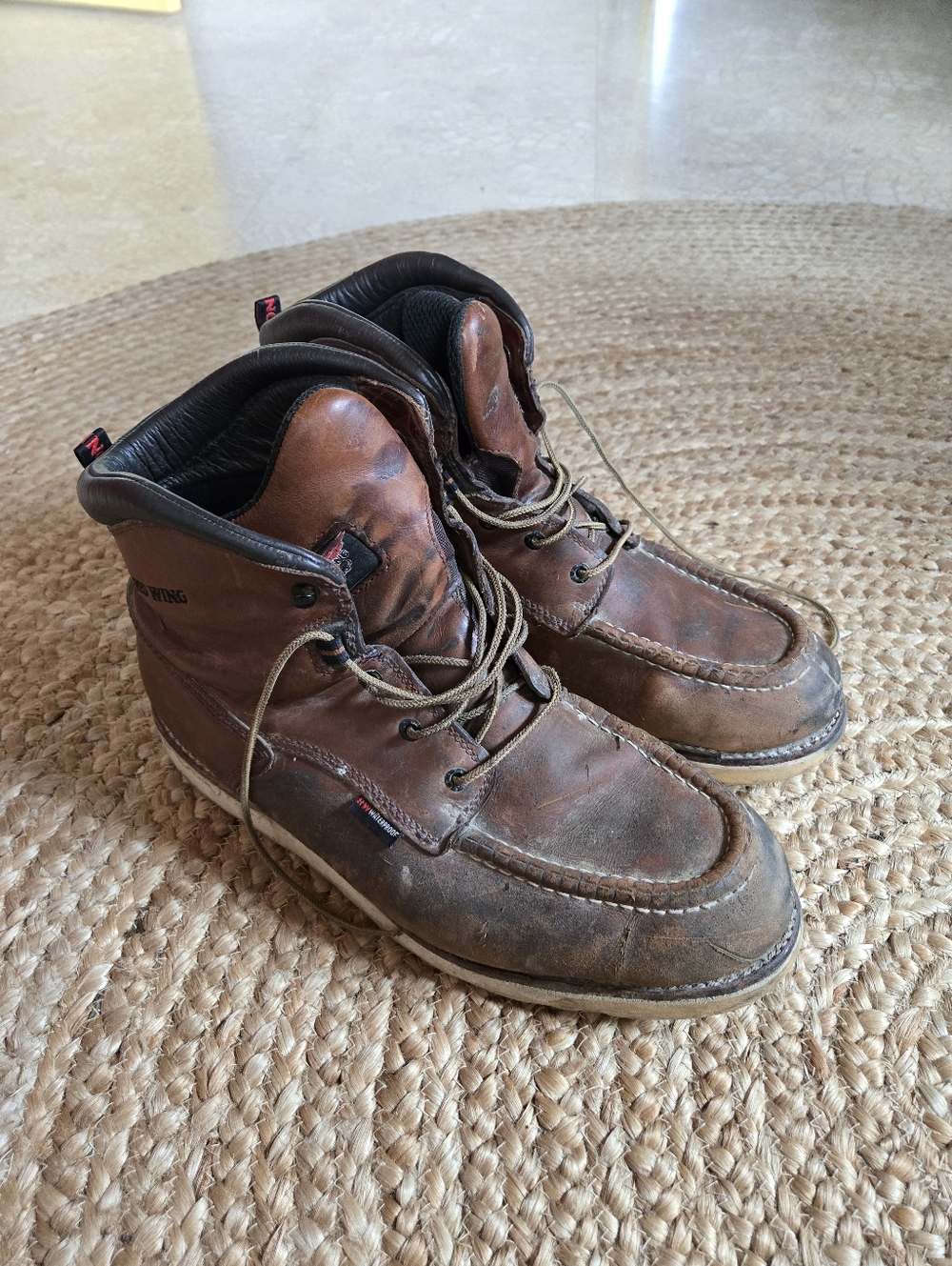 Brown Leather Work Boots with Black Collar Red Wing Shoes 13 D